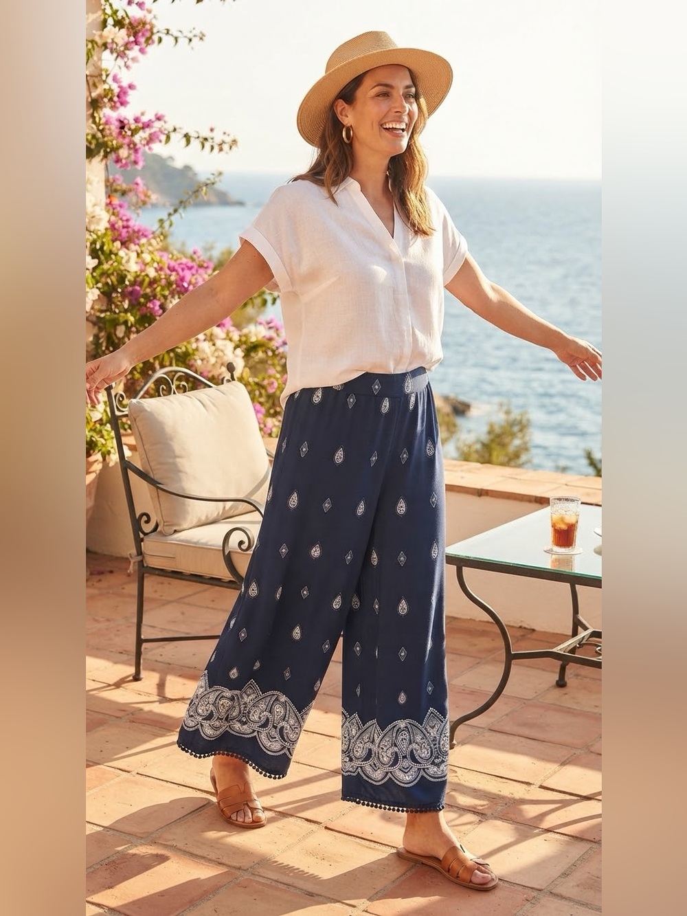 SIZE L Susan Graver® Women's Blue Paisley Pants NEW Spandex Wide Leg
